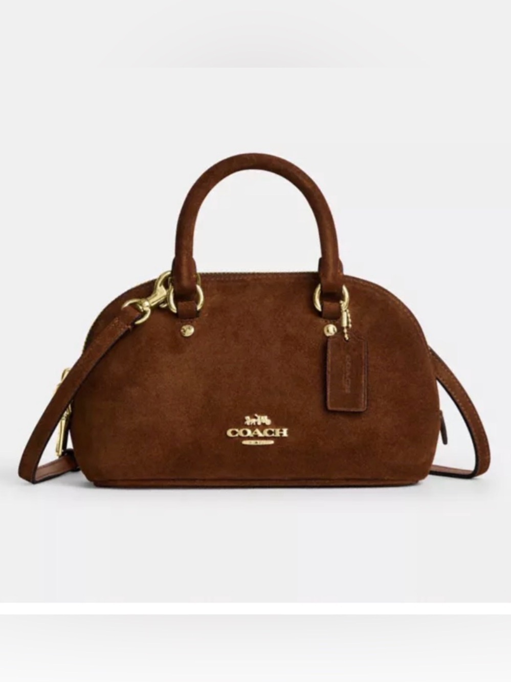 🤎💛Coach NWT Lara Mini Satchel in Warm Brown Suede with Crossbody & Gold Hardware